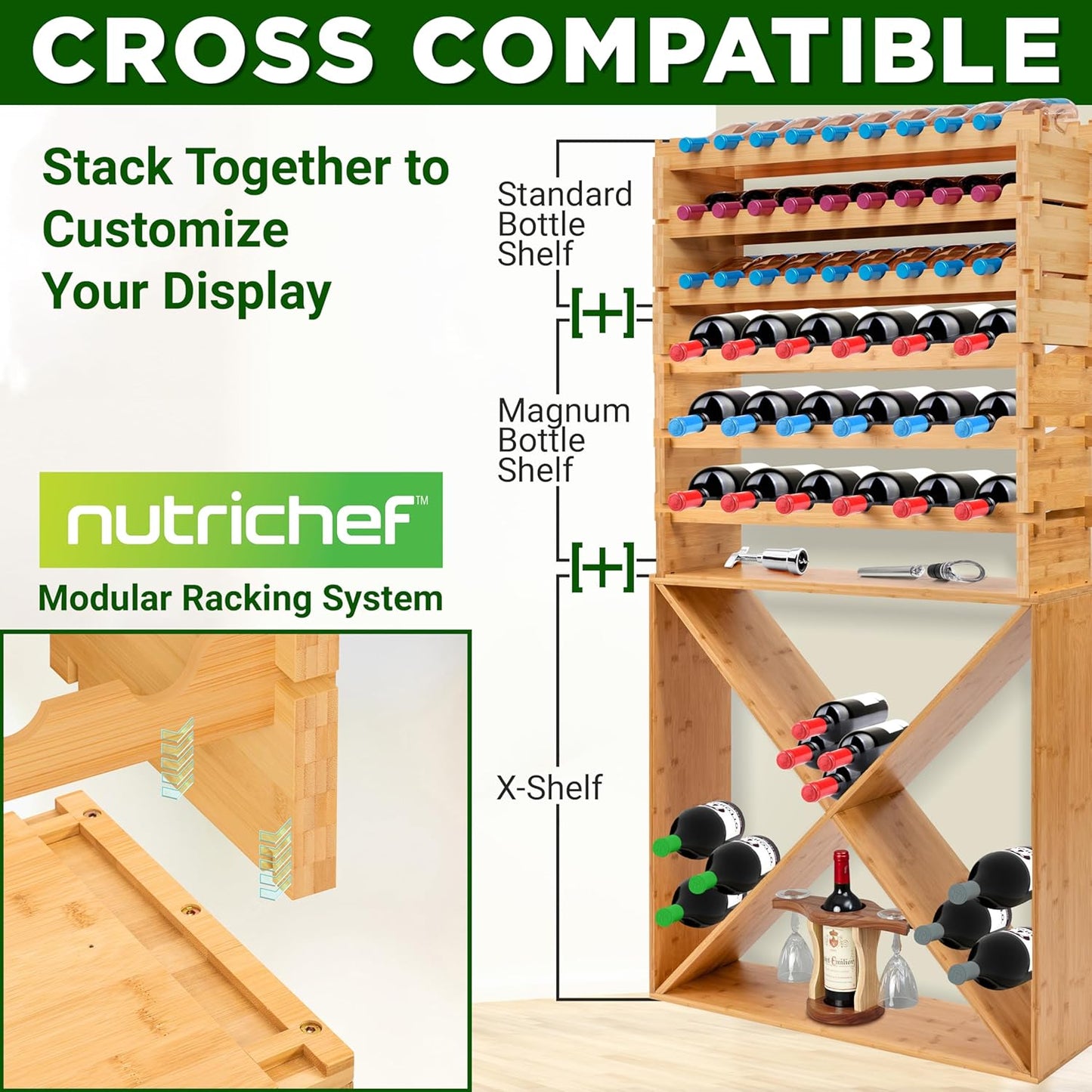 Portabottiglie impilabile per 72 bottiglie, 33,5" x 10" x 42" Scaffale espositivo modulare indipendente per bottiglie di vino a 8 ripiani, struttura in legno di bambù naturale per cucina e cantina