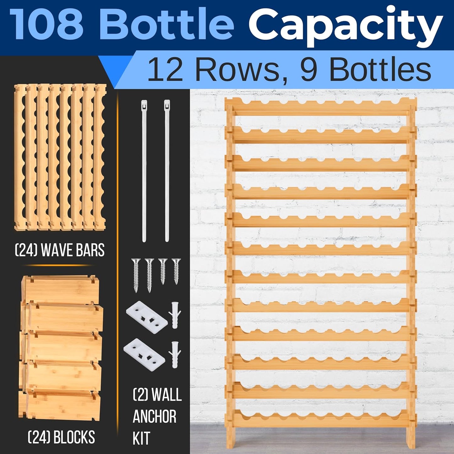 NutriChef Bamboo Stackable Wine Rack, 12-Tier 108 Bottle Capacity Free Standing Floor,