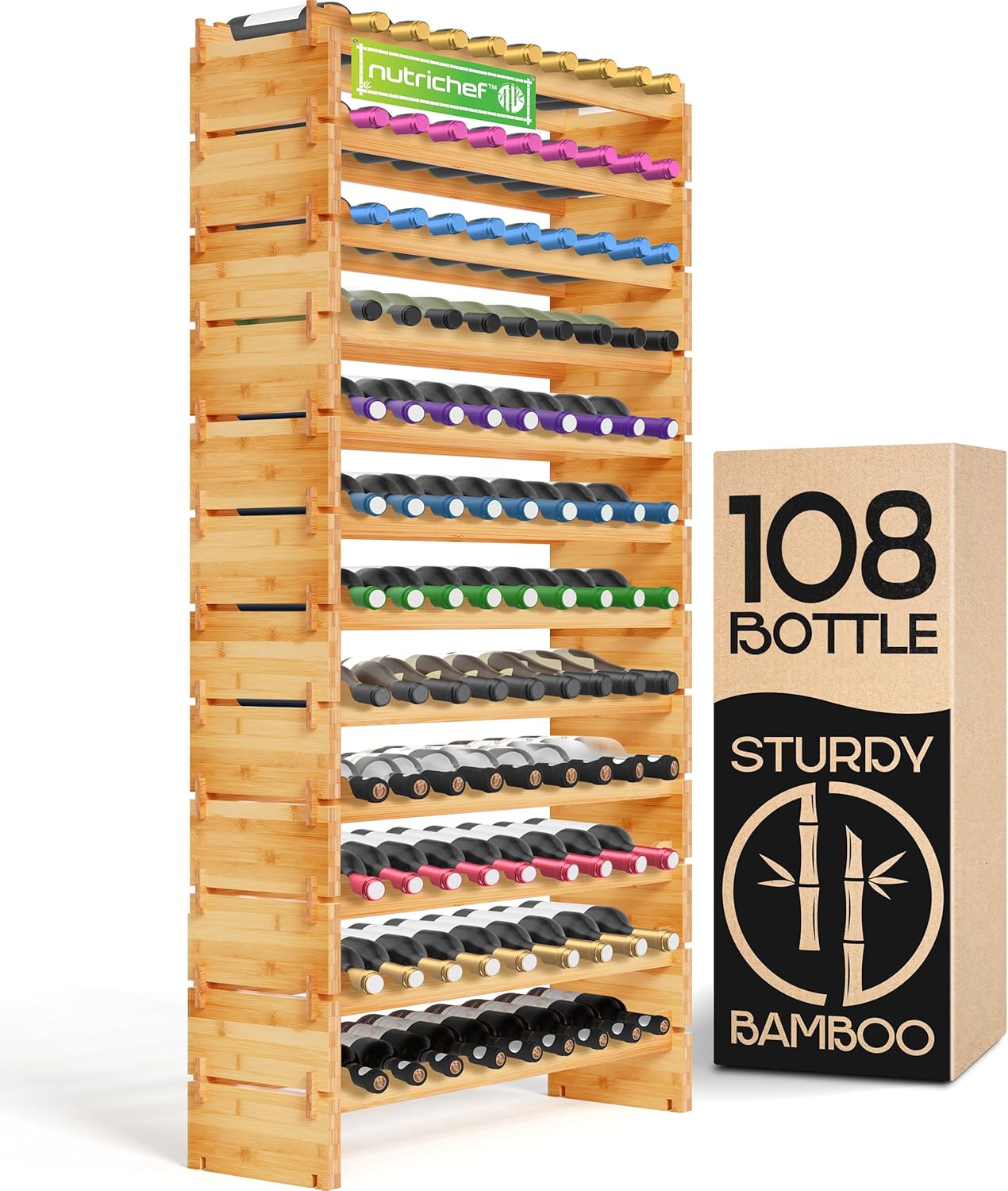 NutriChef Bamboo Stackable Wine Rack, 12-Tier 108 Bottle Capacity Free Standing Floor,