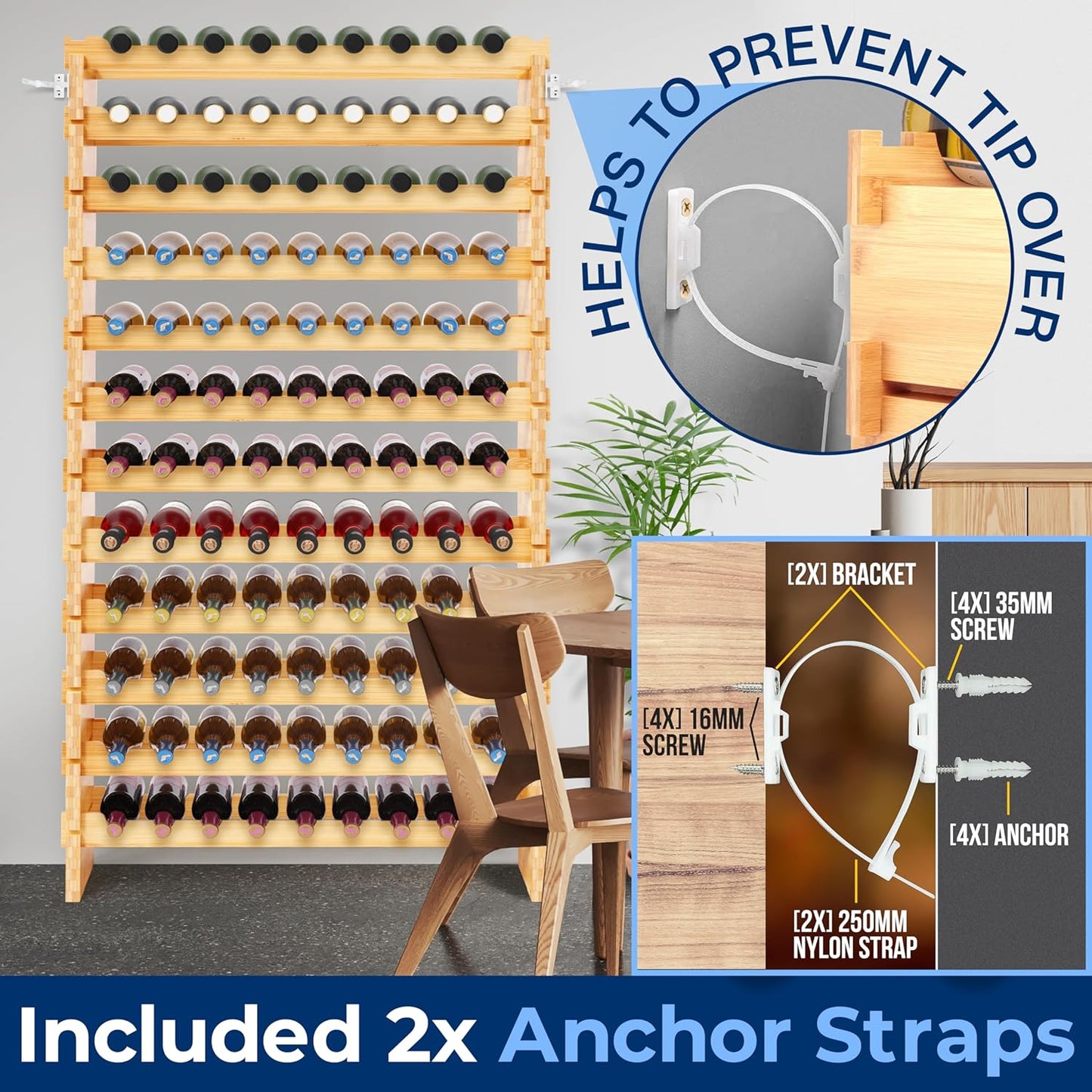 NutriChef Bamboo Stackable Wine Rack, 12-Tier 108 Bottle Capacity Free Standing Floor,