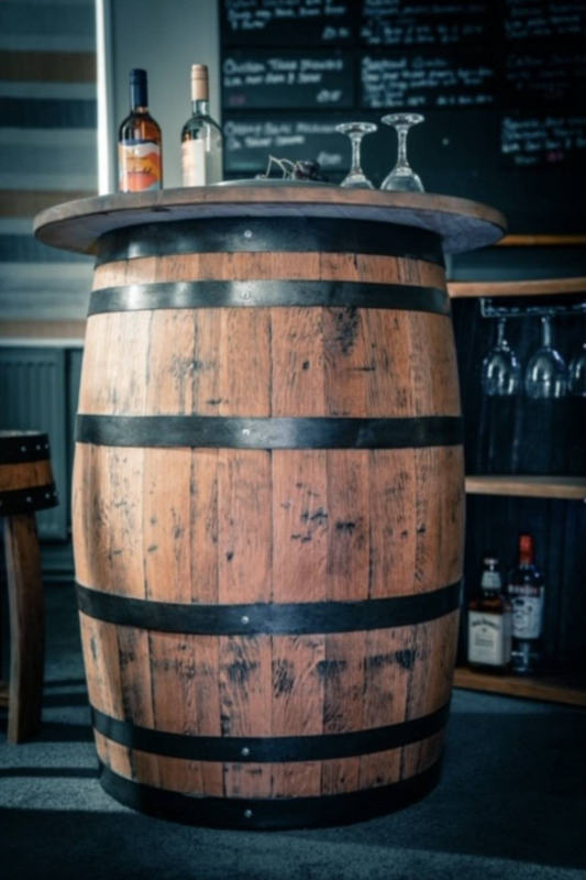 Whiskey Barrel Poser Table, solid oak table