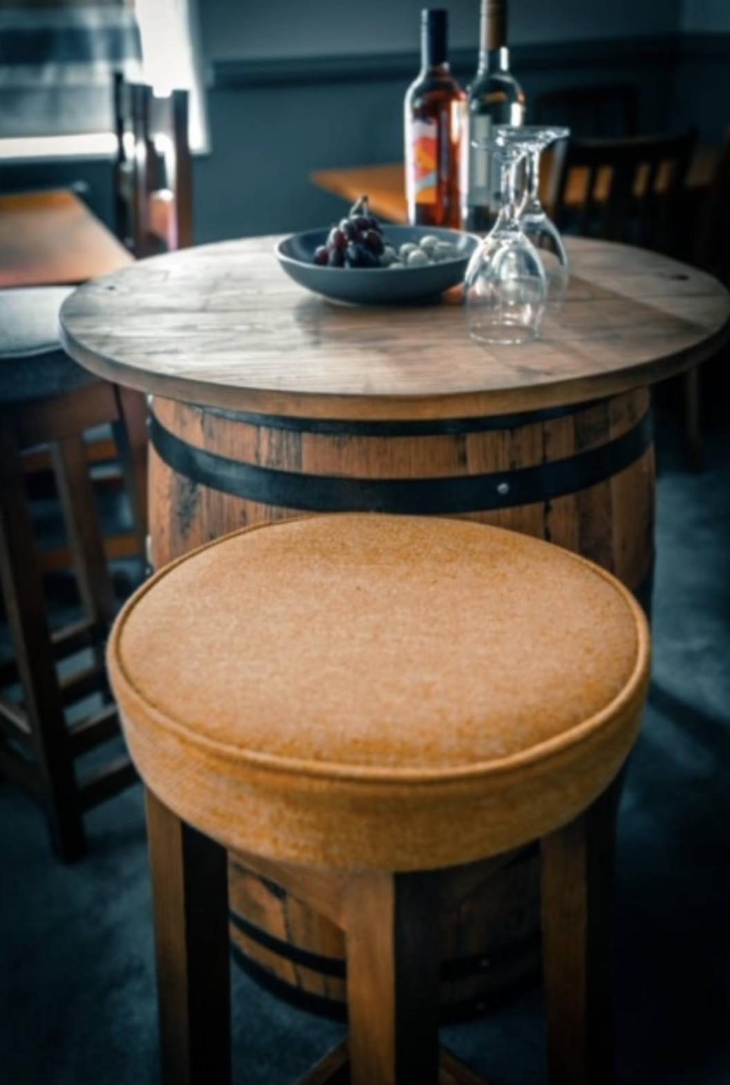 Whiskey Barrel Poser Table, solid oak table